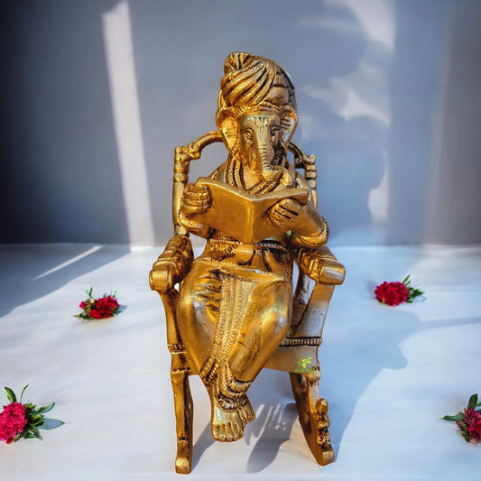 Handcrafted Brass Ganesha Idol | Sitting on Chair for Blessings & Prosperity | Elegant Brass Ganesha Murti ( Yellow, 7.5 inch)