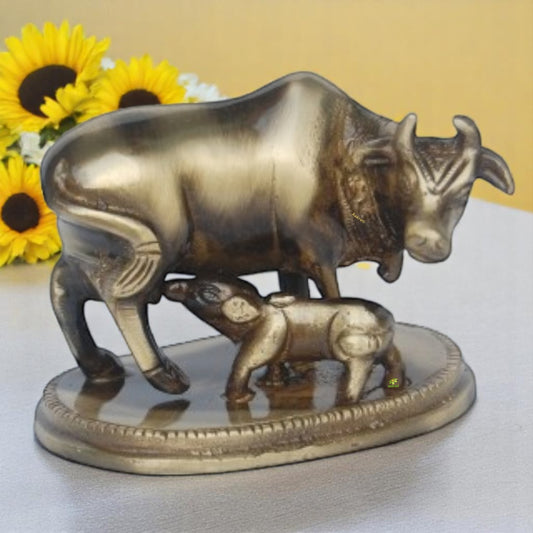 Brass Cow and Calf Showpiece | Enhance Your Home with Divine Blessings and Protection | Premium Brass Cow and Calf Statue ( Brown, 3 inch)