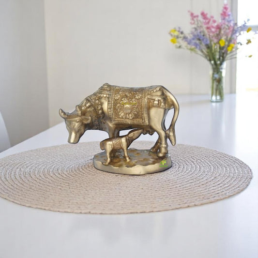 Traditional Brass Cow and Calf Idol | A Beautiful and Spiritual Home Decor | Premium Brass Cow and Calf Statue ( Brown, 4.5 inch)