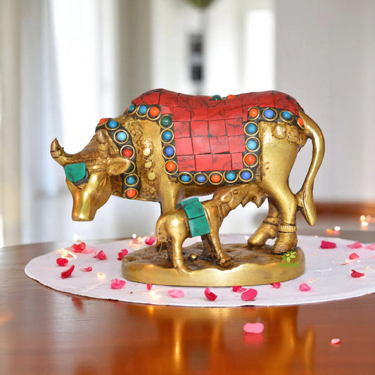 Aakrati brass metal Cow with Calf statue for home decor with stone work