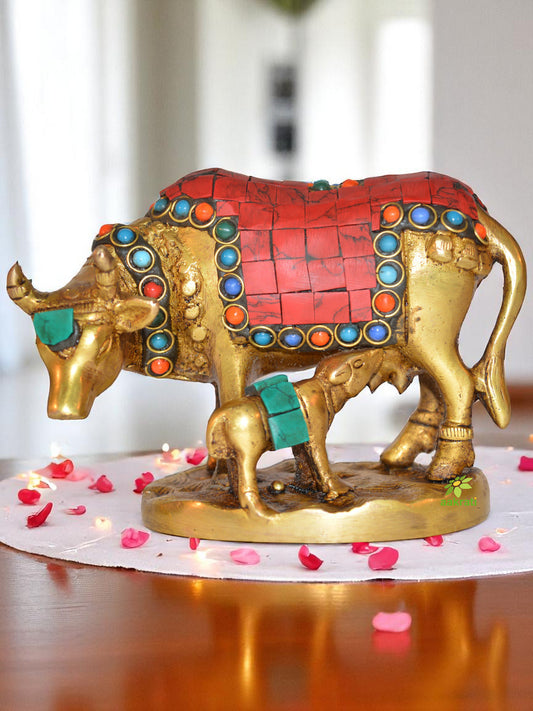 Aakrati brass metal Cow with Calf statue for home decor with stone work