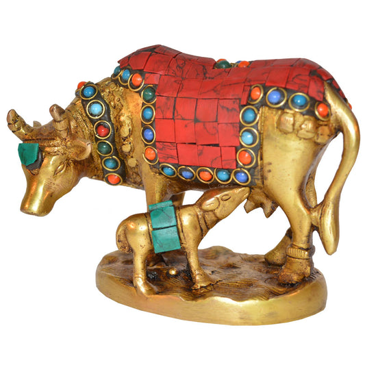 Aakrati brass metal Cow with Calf statue for home decor with stone work