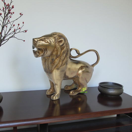 Antique Brass Lion Sculpture | Majestic Antique Piece to Elevate Your Home Decor | Vintage Brass Lion Statue ( Yellow, 7 inch)