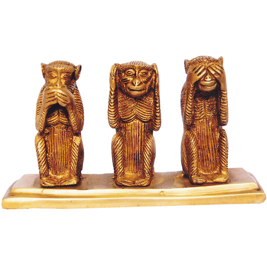 Handcrafted Brass Monkey Figurines | Stylish and Playful Decorative Piece for Your Home | Brass Monkey Statue Set ( Yellow, 7 inch)