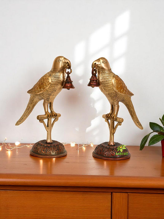 Elegent pair of Brass Parrot Bird Showpiece with welcome bells Decorative appeling Statue Colorful Figurine perfect finished Table Decor