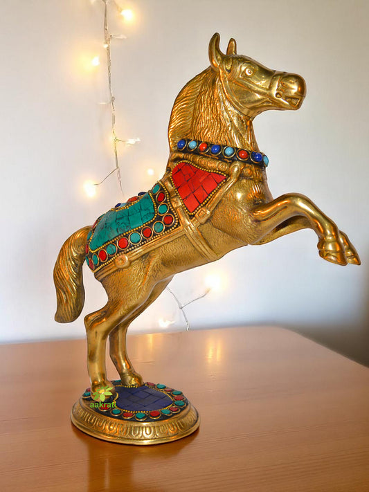 Jumping Horse Statue Made in Brass Metal in Turquoise by Aakrati