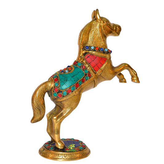 Jumping Horse Statue Made in Brass Metal in Turquoise by Aakrati