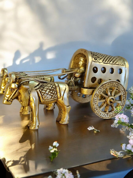 Brass Bull Cart Showpiece | Handcrafted Bullock Cart Figurine for Home Décor | Handmade Brass Bull Cart ( Yellow, 2.5 inch)