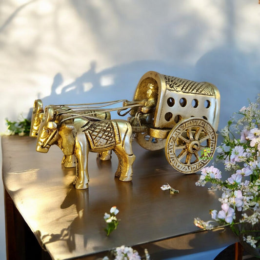 Brass Bull Cart Showpiece | Handcrafted Bullock Cart Figurine for Home Décor | Handmade Brass Bull Cart ( Yellow, 2.5 inch)