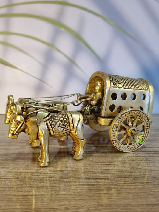 Brass Bull Cart Showpiece | Handcrafted Bullock Cart Figurine for Home Décor | Handmade Brass Bull Cart ( Yellow, 2.5 inch)