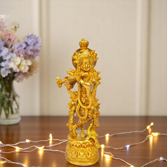 Brass Lord Krishna Murti | Aesthetic Home Decor for Pooja and Blessings | Brass Krishna Idol ( Yellow, 8 inch)