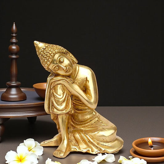 Handmade Brass Buddha Statue | Aesthetic and Sacred Decor for Mindful Living | Brass Buddha Idol In Resting Position ( Brown, 6 inch)