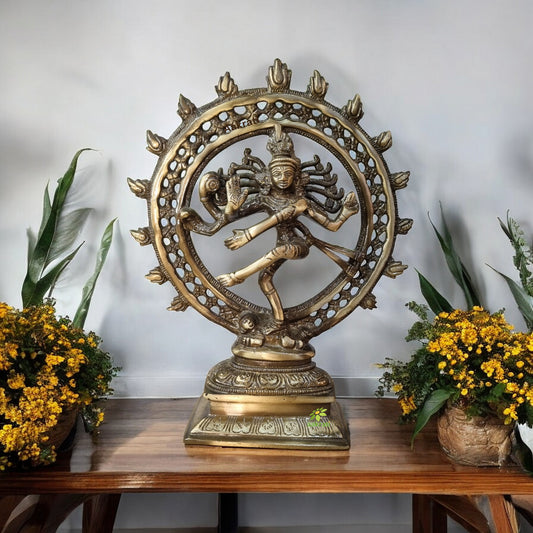 Brass Lord Nataraja Showpiece | Handcrafted Lord Shiva Dance Statue for Spiritual Spaces | Elegant Brass Nataraja Statue ( Brown, 8 inch)