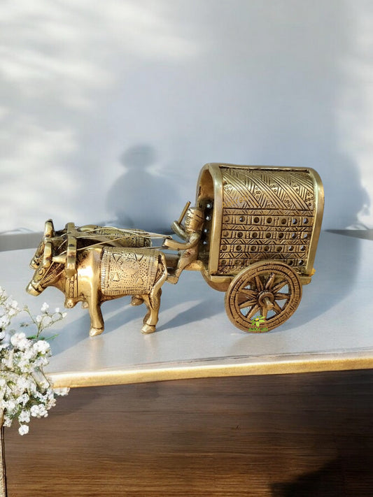 Brass Metal Home Decor Hand Made Bullock Cart ( Yellow, 6.5 inch)