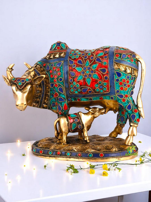Beautiful Decorative Cow and Calf Brass Stone Work Statue