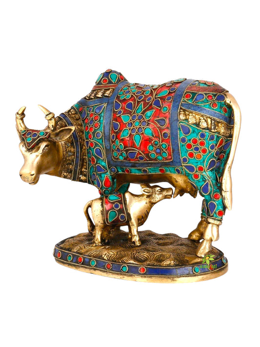 Beautiful Decorative Cow and Calf Brass Stone Work Statue