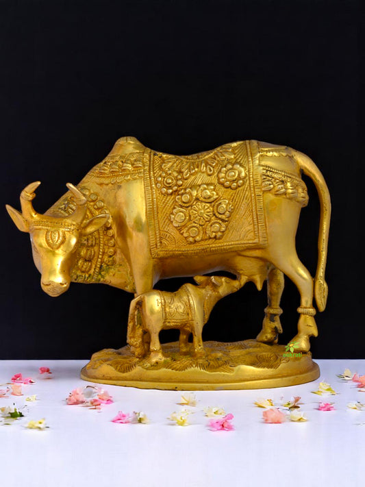 Brass Nandi Decorative Cow Figurine | Symbol of Wealth, Prosperity, and Blessings | Handmade Nandi Idol ( Yellow, 8.5 inch)