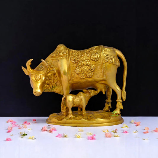 Brass Nandi Decorative Cow Figurine | Symbol of Wealth, Prosperity, and Blessings | Handmade Nandi Idol ( Yellow, 8.5 inch)