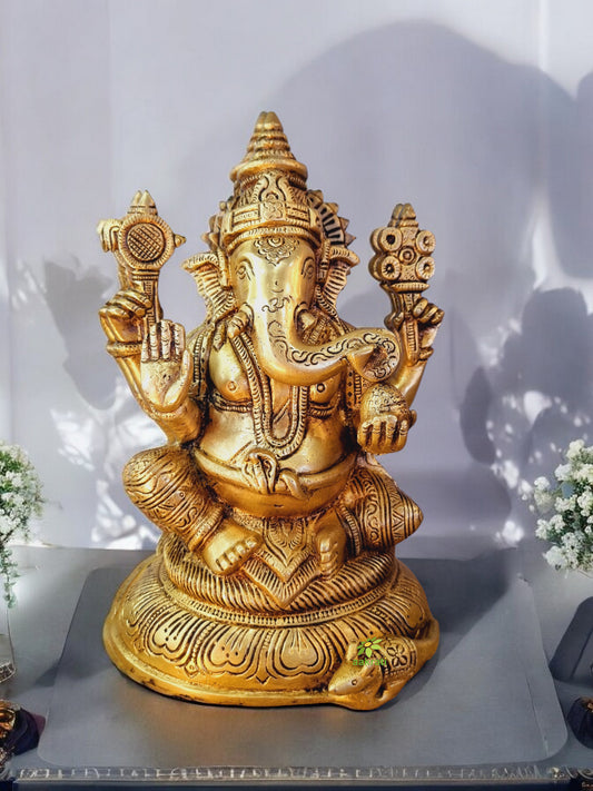 Brass Lord Ganesha Statue | Ideal Gift for Festivals | Traditional Brass Ganesha Murti ( Yellow, 8 inch)