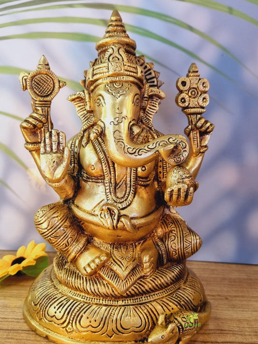 Brass Lord Ganesha Statue | Ideal Gift for Festivals | Traditional Brass Ganesha Murti ( Yellow, 8 inch)