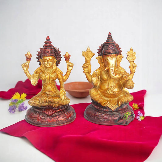 Handcrafted Brass Lakshmi Ganesha Idol | Perfect for Your Sacred Home Temple | Brass Lakshmi Ganesha Statue ( Yellow, 8.3 inch)