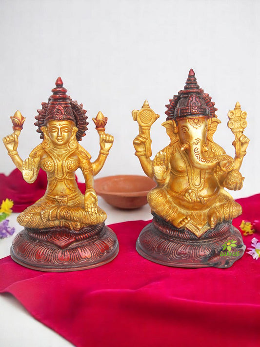 Handcrafted Brass Lakshmi Ganesha Idol | Perfect for Your Sacred Home Temple | Brass Lakshmi Ganesha Statue ( Yellow, 8.3 inch)