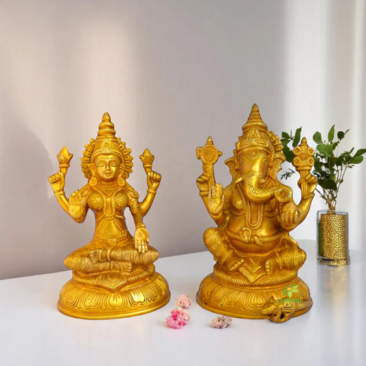 Brass Lakshmi and Ganesha Murti | Spiritual Elegance for Your Home | Divine Brass Lakshmi and Ganesha Showpiece ( Yellow, 8 inch)