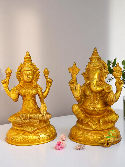 Brass Lakshmi and Ganesha Murti | Spiritual Elegance for Your Home | Divine Brass Lakshmi and Ganesha Showpiece ( Yellow, 8 inch)