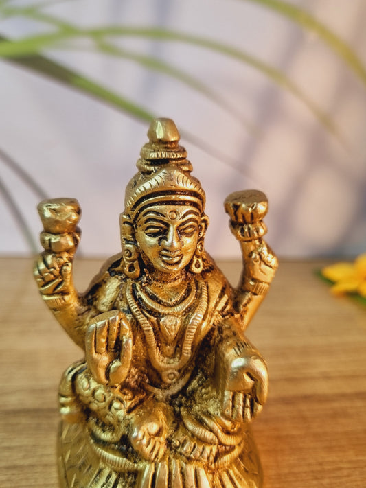 Mini Brass Lakshmi Statue | Perfect for Home Decor and Spiritual Upliftment | Handcrafted Brass Lakshmi Showpiece ( Yellow, 3.1 inch)