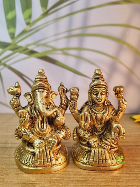 Brass Lakshmi-Ganesha Idol Set | Ideal for Festive Celebrations and Home Decor | Brass Lakshmi & Ganesha Pair Showpiece ( Yellow, 3.2 inch)
