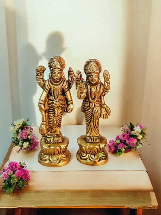 Brass Vishnu & Lakshmi Idol Pair | Divine Blessings of Prosperity and Protection | Premium Brass Vishnu-Lakshmi Murti Set ( Yellow, 2.8 inch)