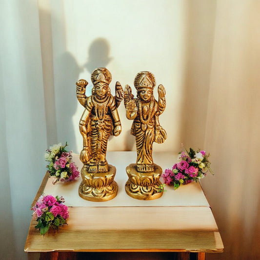 Brass Vishnu & Lakshmi Idol Pair | Divine Blessings of Prosperity and Protection | Premium Brass Vishnu-Lakshmi Murti Set ( Yellow, 2.8 inch)