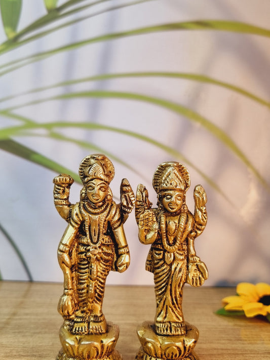 Brass Vishnu & Lakshmi Idol Pair | Divine Blessings of Prosperity and Protection | Premium Brass Vishnu-Lakshmi Murti Set ( Yellow, 2.8 inch)