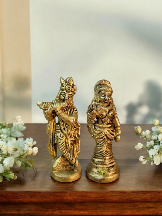 Brass Radha Krishna Showpiece | A Spiritual and Aesthetic Masterpiece | Brass Radha Krishna Decorative Idol ( Yellow, 2.8 inch)