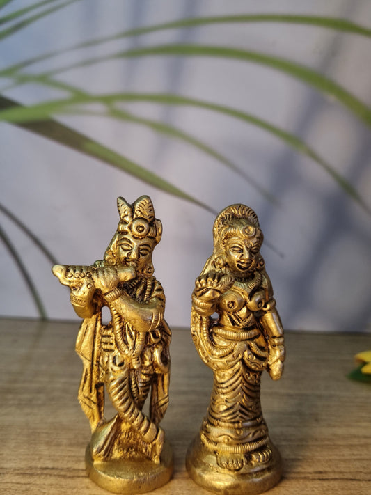Brass Radha Krishna Showpiece | A Spiritual and Aesthetic Masterpiece | Brass Radha Krishna Decorative Idol ( Yellow, 2.8 inch)
