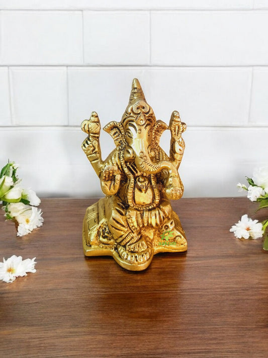 Brass Ganesha Showpiece | For Home, Office, and Temples | Traditional Brass Ganesha Murti ( Yellow, 3.1 inch)