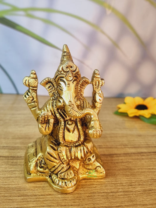 Brass Ganesha Showpiece | For Home, Office, and Temples | Traditional Brass Ganesha Murti ( Yellow, 3.1 inch)