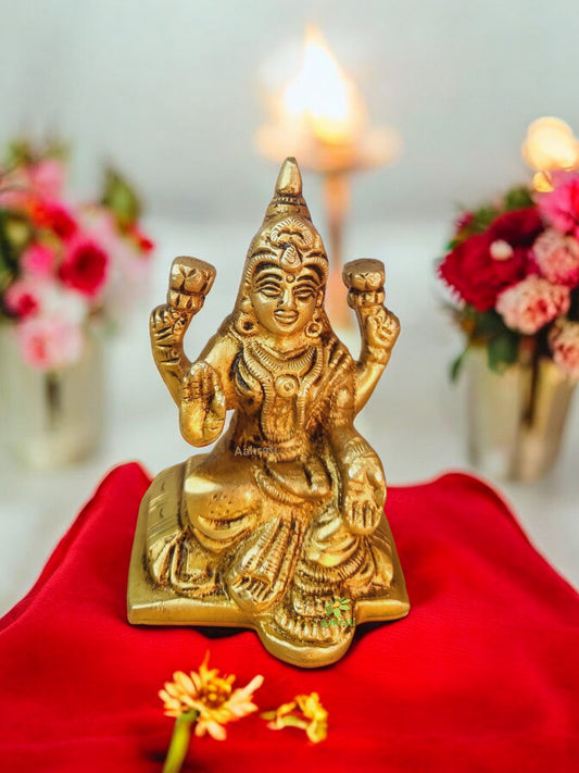 Brass Mini Lakshmi Statue | A Perfect Gift for Prosperity | Elegant Brass Lakshmi Murti ( Yellow, 3.1 inch)