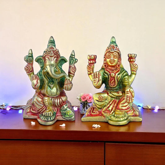 Brass Lakshmi Ganesha Idol Pair | Blessings of Wealth and Prosperity for Your Space | Elegant Brass Lakshmi Ganesha Set ( Multi Colour, 3.1 inch)