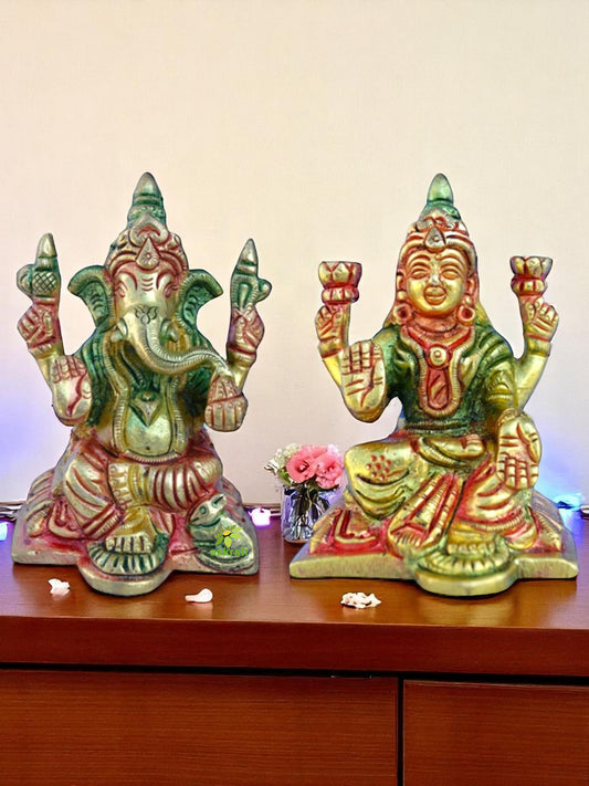 Brass Lakshmi Ganesha Idol Pair | Blessings of Wealth and Prosperity for Your Space | Elegant Brass Lakshmi Ganesha Set ( Multi Colour, 3.1 inch)