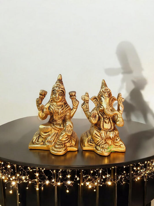 Premium Brass Lakshmi & Ganesha Pair Murti | Spiritual Blessings for Your Home | Brass Lakshmi Ganesha Duo Set ( Yellow, 3.1 inch)