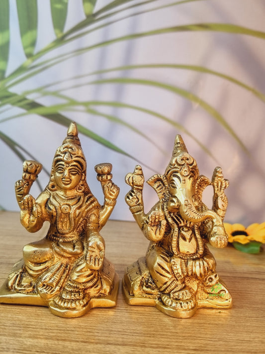 Premium Brass Lakshmi & Ganesha Pair Murti | Spiritual Blessings for Your Home | Brass Lakshmi Ganesha Duo Set ( Yellow, 3.1 inch)