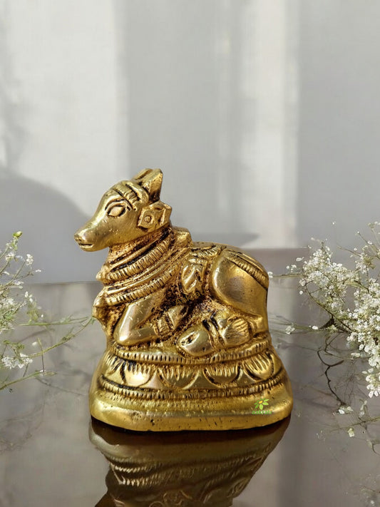 Handcrafted Brass Nandi Murti | A Divine Presence for Your Sacred Space | Brass Nandi Figurine ( Yellow, 2 inch)