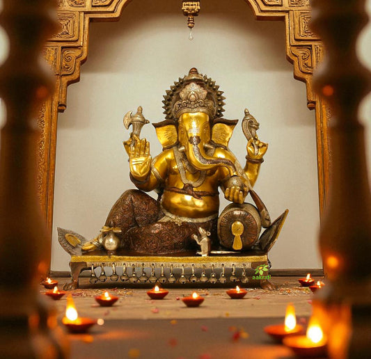 Sitting Lord Ganesha with Turquoise Work made in Brass Statue