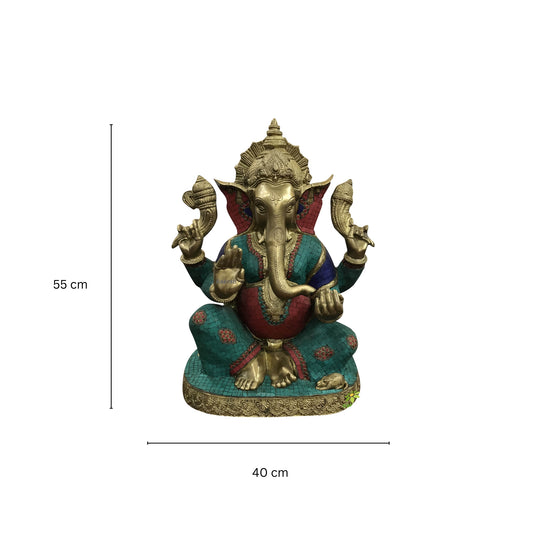 Ganesh statue with colored stones 21 inch Indian brass Cast
