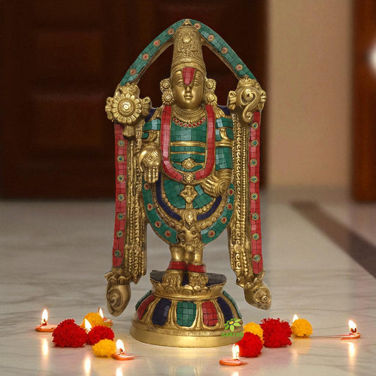 Lord Tirupati Balaji Brass Metal Statue - Religious metal figure with stone work
