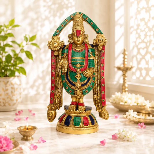 Lord Tirupati Balaji Brass Metal Statue - Religious metal figure with stone work