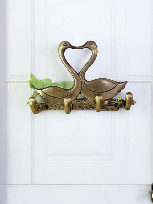 Metal Animal shape two Swan with 4 hooks crafted key holder ( Brown, 7 inch)