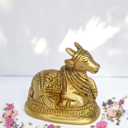 Antique Brass Nandi Idol | Perfect for Pujas and Religious Home Decoration | Handcrafted Brass Nandi Idol ( Yellow, 3.2 inch)