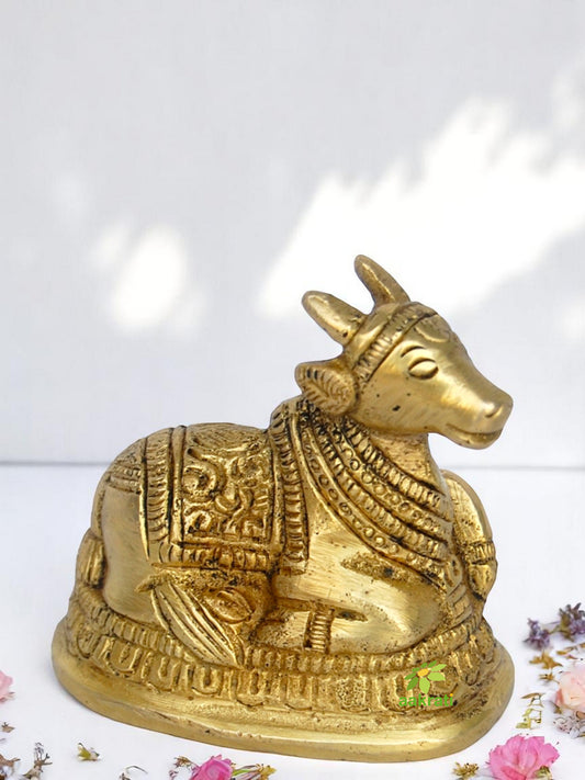 Antique Brass Nandi Idol | Perfect for Pujas and Religious Home Decoration | Handcrafted Brass Nandi Idol ( Yellow, 3.2 inch)